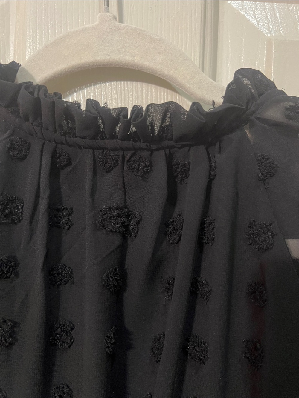Black Sheer Swiss Dot Midi Dress with Ruffled Hem - Picture 11 of 12